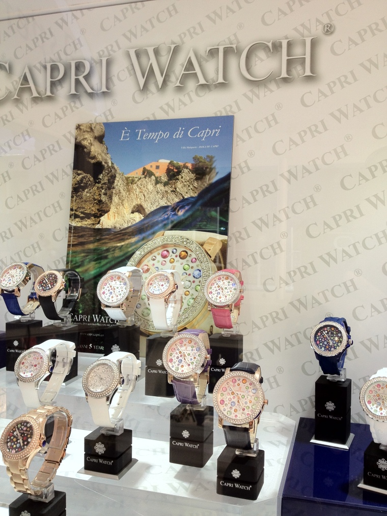 A more recent addition to Capri's fashion: The Capri watch, has the emblematic clock of the Piazzetta. 
