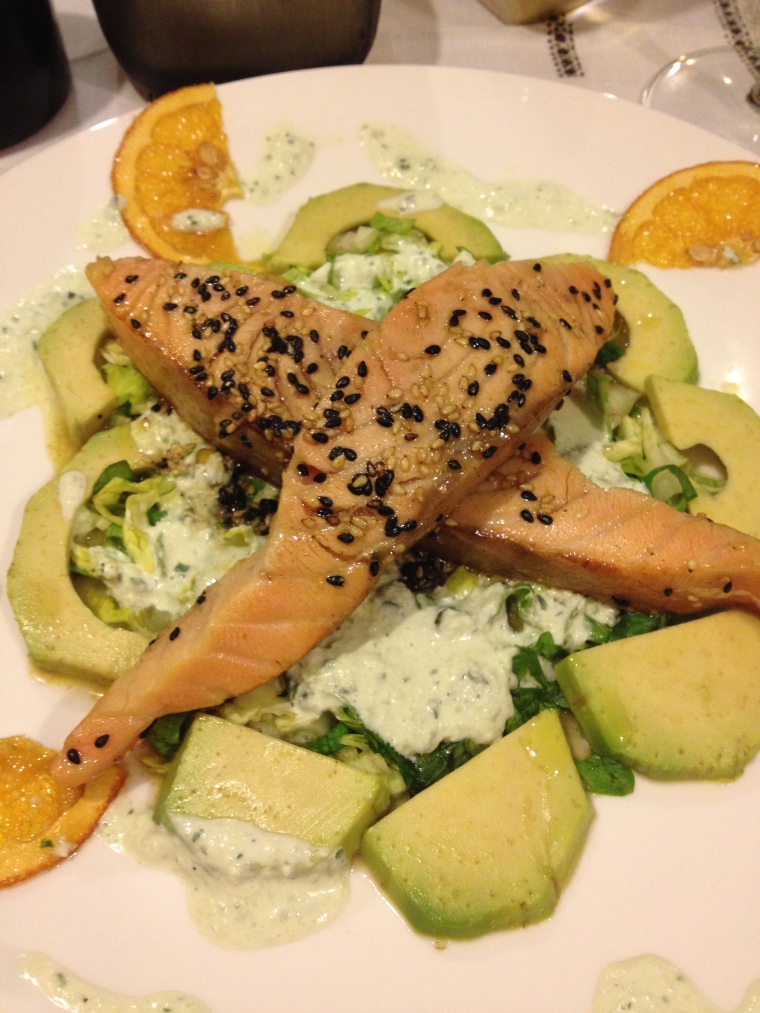 Grilled salmon with avocado sauce, the fusion of Asian and Mediterranean cuisine.