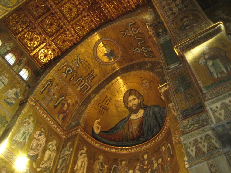 Detail of 12-13th century mosaic of Christ Pantocrator at the Monreale Cathedral 